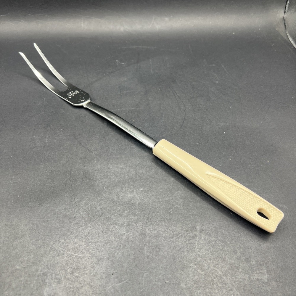 Vintage EKCO Meat Fork White Plastic Handle Carving Serving Utensil USA 11.25 in